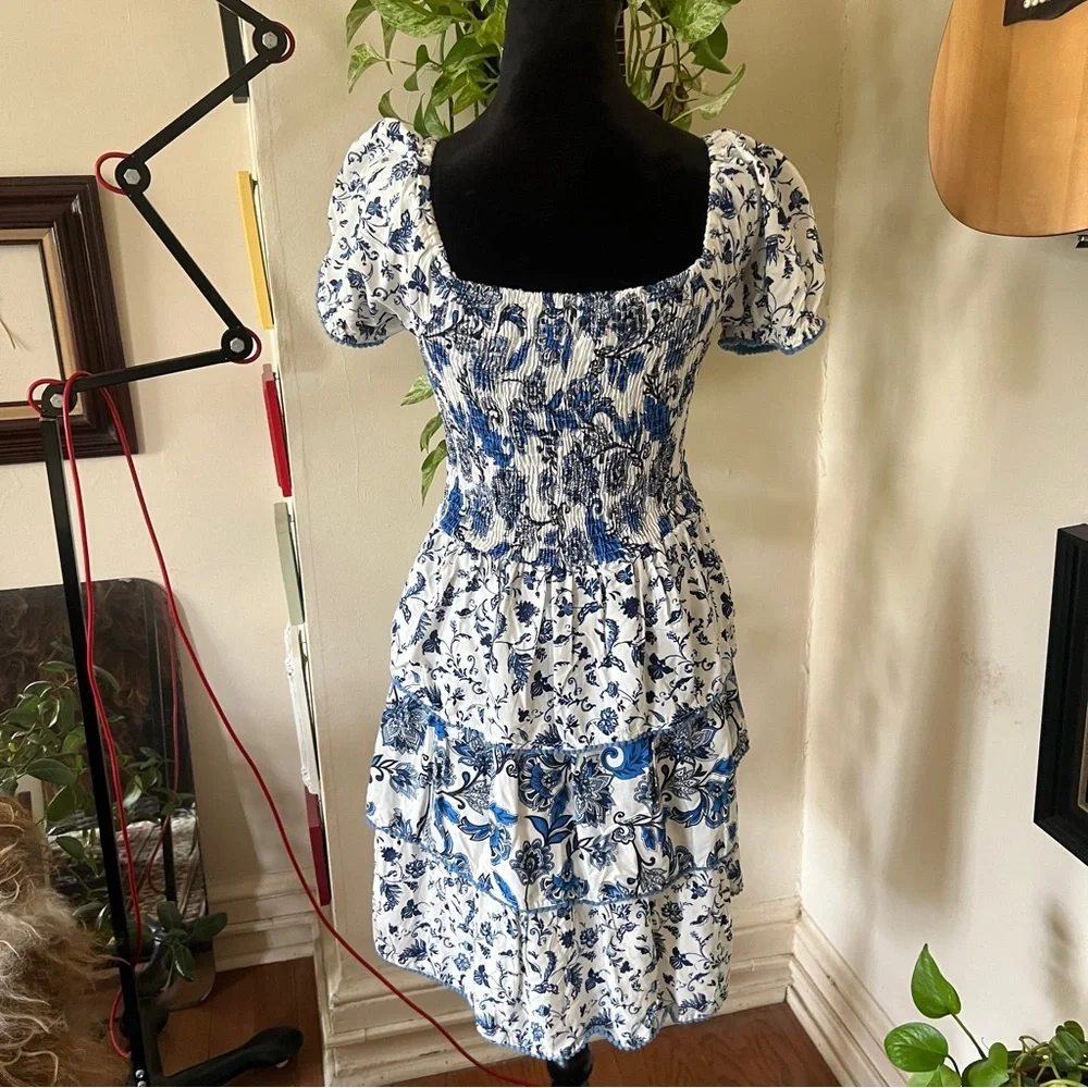 Margaux Riviera Blue White Milkmaid Maid Tiered Dress - Size Small